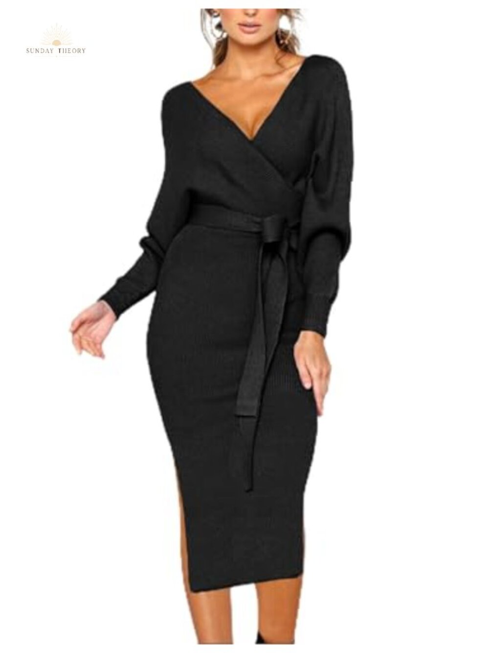 Women's V Neck Batwing Sweater Dress Long Sleeve Midi with Belt